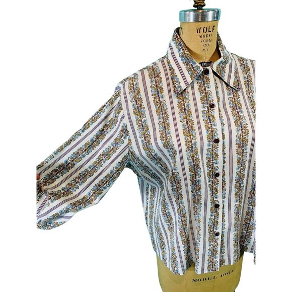 Vintage 1970s Floral Blouse Boho Land 'N Sea Striped Top | B 52" - Picture 6 of 9